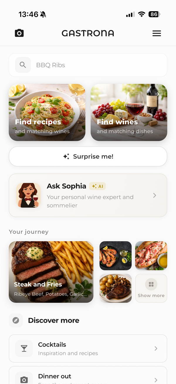 Gastrona home screen showing your personal taste journey and discovery suggestions.
