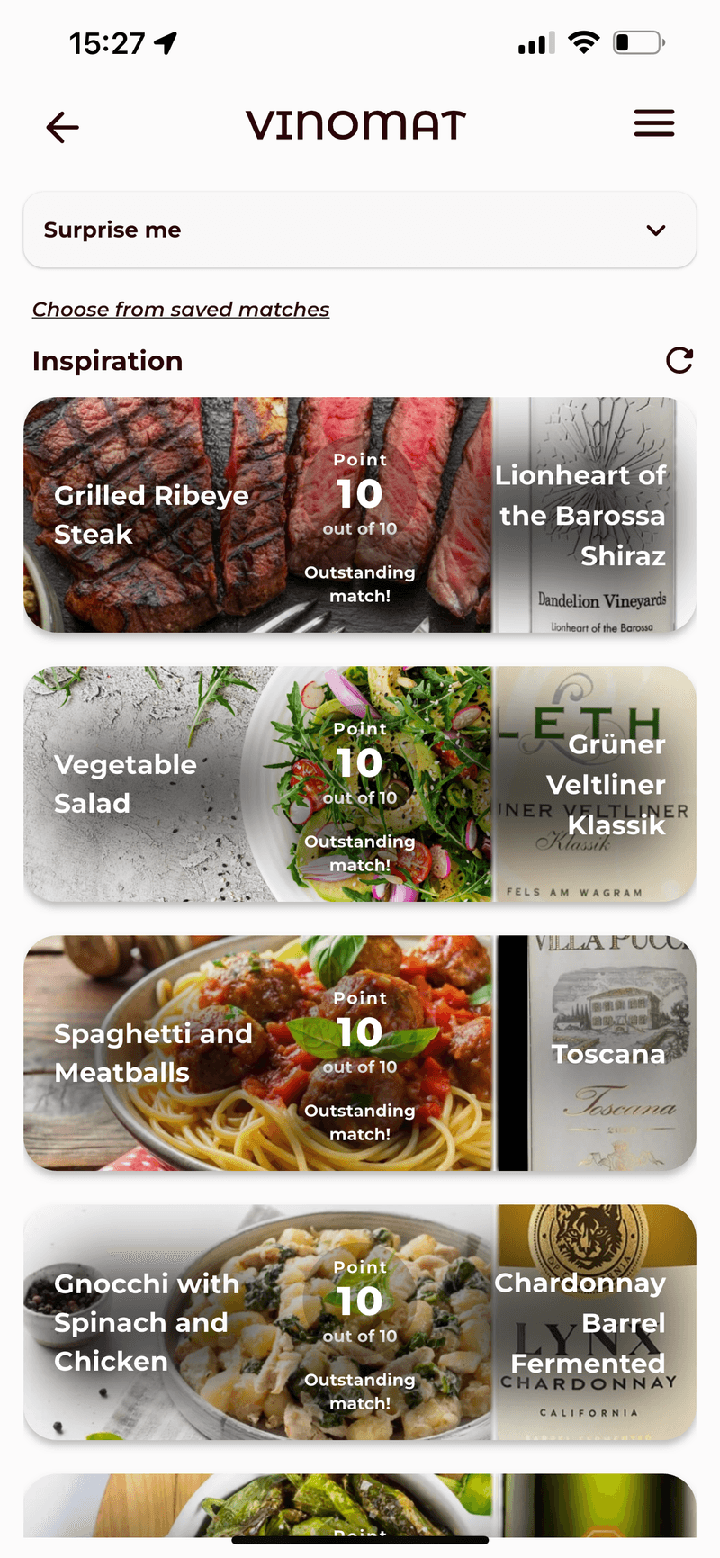 Vinomat app inspiration screen