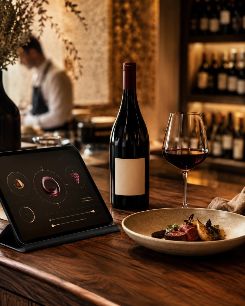 Tablet mit Wein-Pairing-Empfehlung neben Flasche, Glas und angerichtetem Gericht in einem Premium-Restaurant