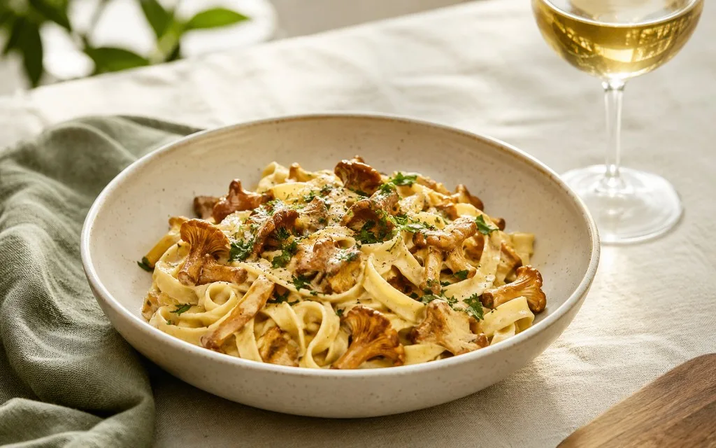 Creamy chanterelle pasta with a glass of white wine
