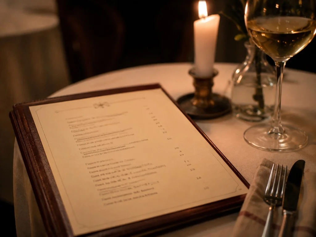 Restaurant food menu on a candlelit table