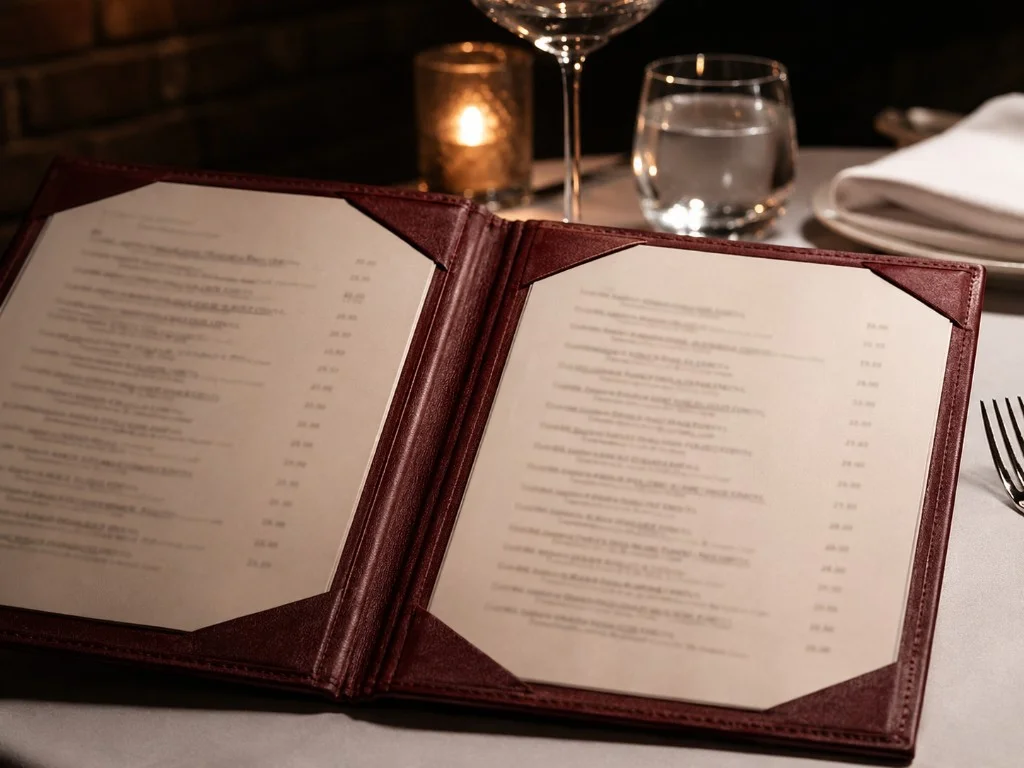 Open wine list booklet on a white tablecloth